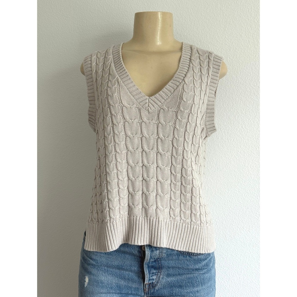 Les Serein Cable Knit Sweater Vest M Taupe V-Neck Preppy Academic Sleeveless